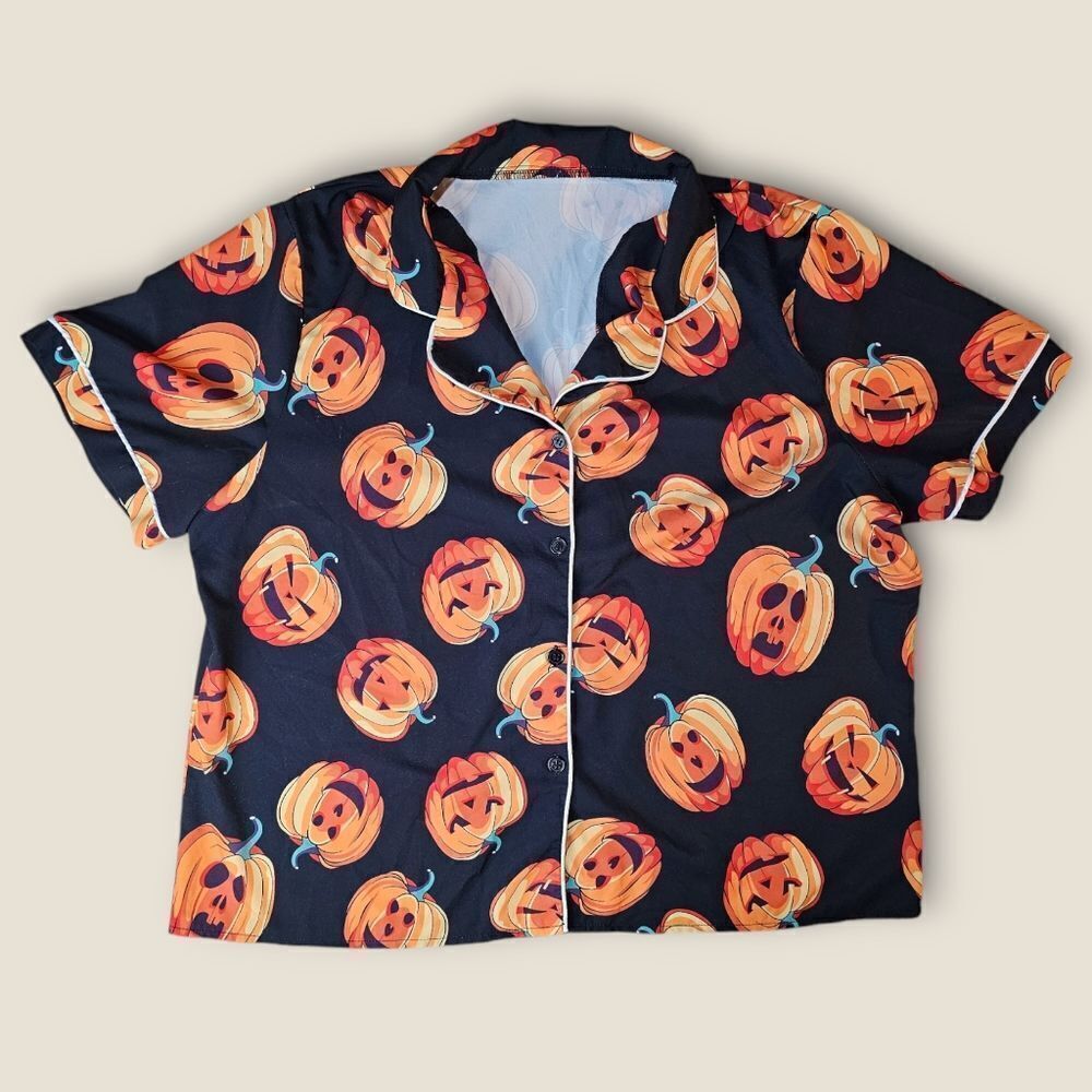 🌼4/$30 Halloween Button Down Lounge Blouse – Black/Orange 🎃